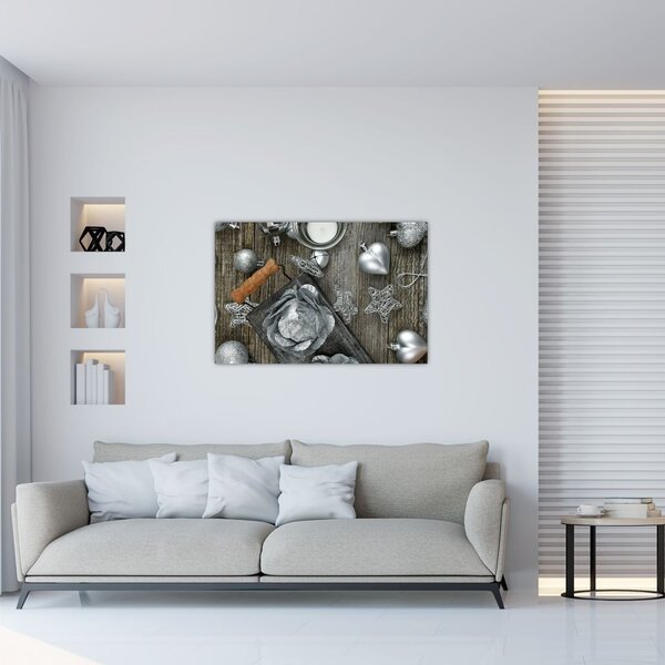 Tablou - decorațiuni argintii de Crăciun (90x60 cm)