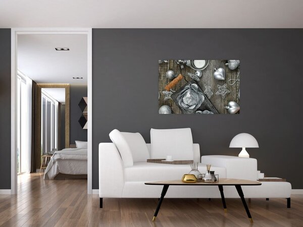 Tablou - decorațiuni argintii de Crăciun (90x60 cm)