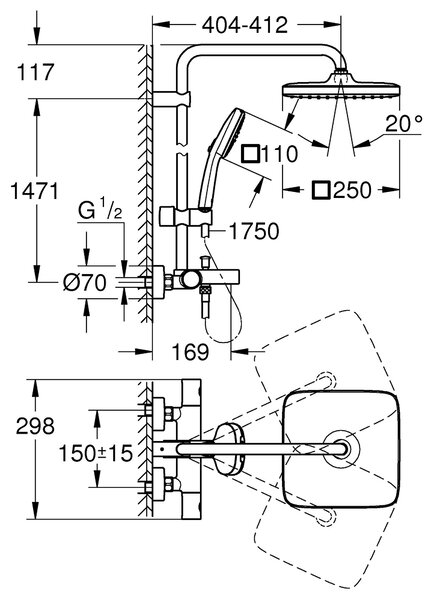 Grohe Vitalio Comfort set cadă și duș perete cu termostat cu duș de ploaie negru 269842431