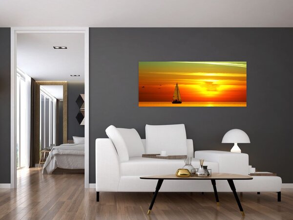 Tablou cu apus de soare și iaht (120x50 cm)