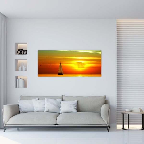 Tablou cu apus de soare și iaht (120x50 cm)