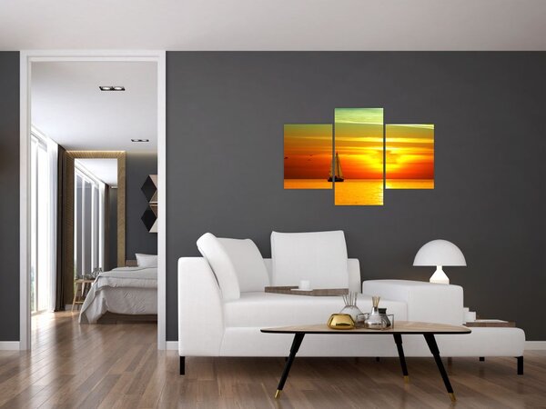Tablou cu apus de soare și iaht (90x60 cm)