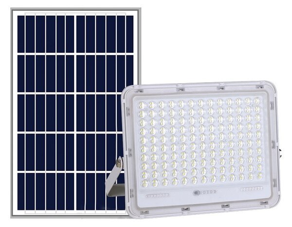 Proiector LED cu Panou Solar Tahagov, Senzor de lumina Waterproof, 200W, 29x23 cm, suport U inclus, panou afisaj nivel baterie, telecomand, 220V, Design Modern, Alb
