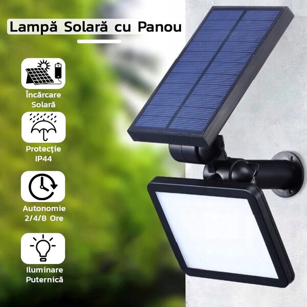 Lampa solara pentru terasa/gradina 48 de LED-uri Tahagov, cu 2 moduri de fixare, senzor de lumina, IP44, material ABS, 5W, 80 lm, 26.5 cm x 14 cm, Alb Rece