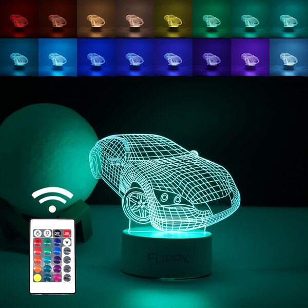 Lampa LED decorativa, Tahagov, 3D, Masina Sport, doua moduri de alimentare USB si baterii, 20 cm inaltime, din material acril si lumina multicolora, alb