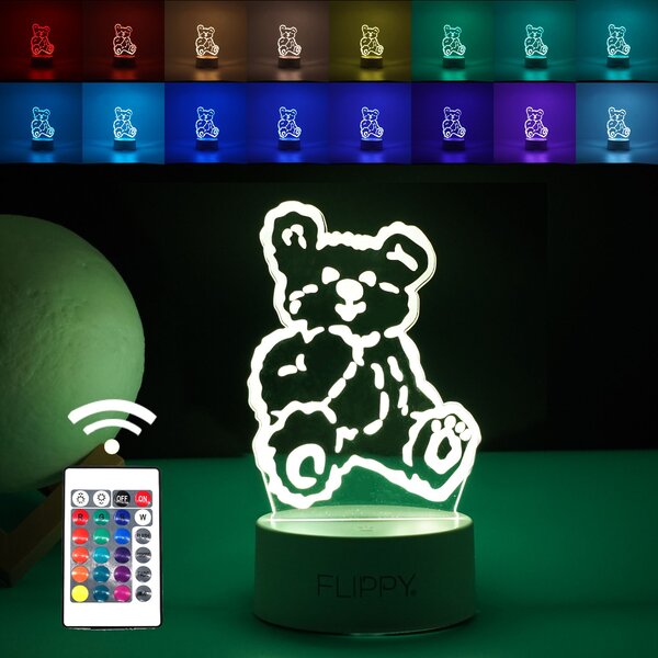 Lampa LED decorativa, Tahagov, 3D, Ursulet, cu telecomanda, doua moduri de alimentare USB si baterii, 20 cm inaltime, din material acril si lumina multicolora, alb