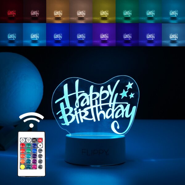 Lampa LED decorativa, Tahagov, 3D, Happy Birthday, cu USB si baterii, 20 cm inaltime, din material acril, lumina multicolora si telecomanda inclusa, alb