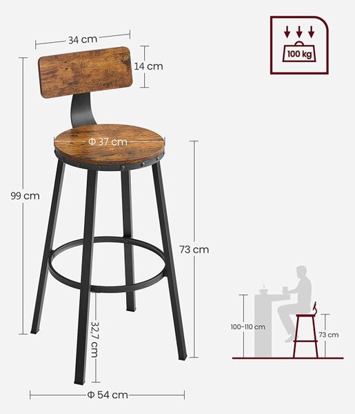 Set 2 Scaune pentru Bar cu spatar, Vasagle, 54 x 54 x 99 cm, Maro Rustic