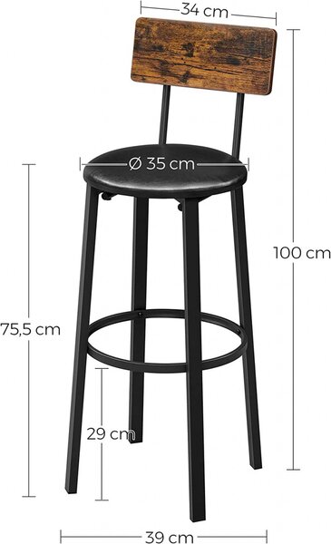 Set 2 scaune de bar, Vasagle, Maro-Negru, 40.1x44.2x100.5 cm