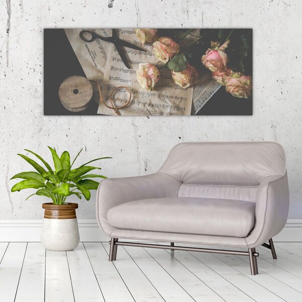 Tablou cu note muzicale și trandafiri (120x50 cm)