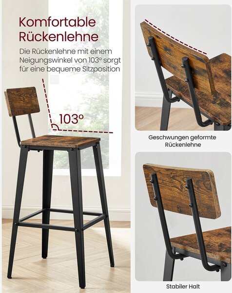 Set 2 scaune de bar, Vasagle, Maro-Negru, 102.2×45.4×45.4 cm