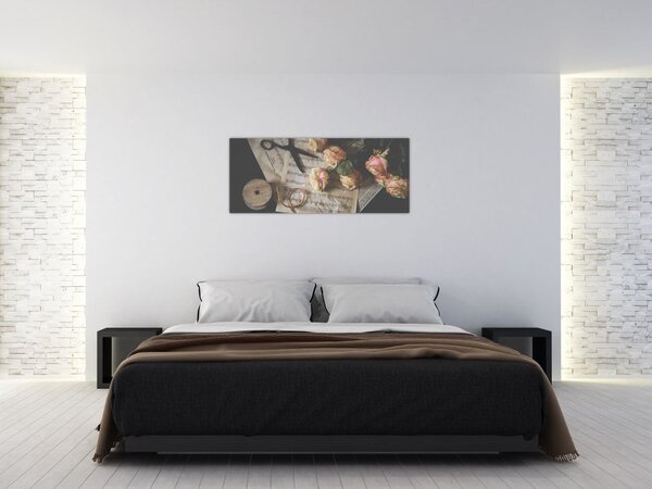 Tablou cu note muzicale și trandafiri (120x50 cm)