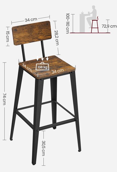 Set 2 scaune de bar, Vasagle, Maro-Negru, 102.2×45.4×45.4 cm