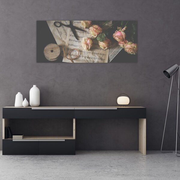Tablou cu note muzicale și trandafiri (120x50 cm)