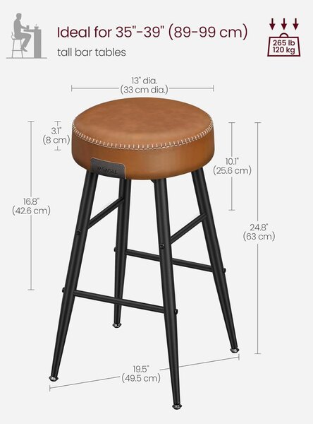 Set 2 scaune de bar, Vasagle, Maro, 49.5x49.5x63 cm