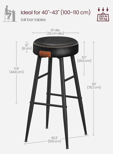 Set 2 scaune de bar, Vasagle, Negru, 51.6x51.6x75 cm
