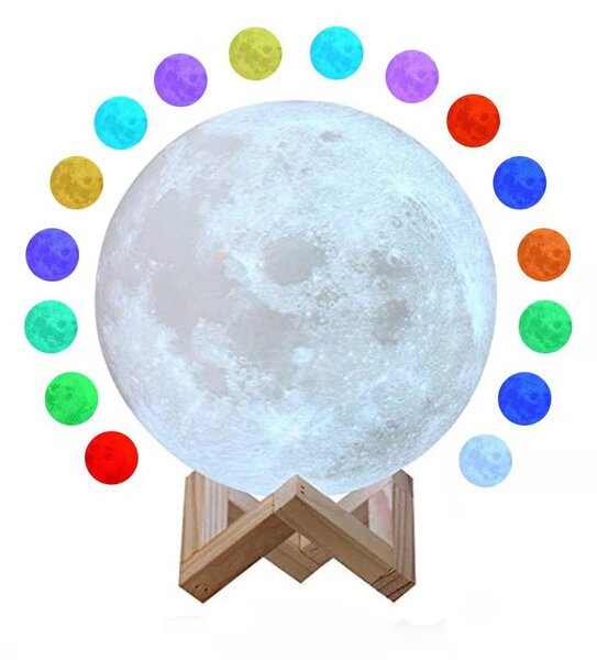 Lampa de veghe luna 3D Moon Light, lumina multicolora LED, 7 culori, schimbare culoare prin atingere, alimentare baterii, fara acumulator, stand din p