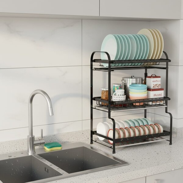 Scurgator vase pe 3 niveluri pentru organizare eficienta, din otel inox 304, 52,5x25,5x61 cm, negru
