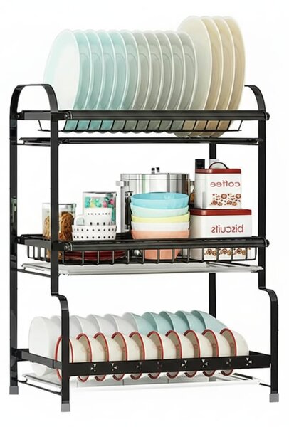 Scurgator vase pe 3 niveluri pentru organizare eficienta, din otel inox 304, 52,5x25,5x61 cm, negru