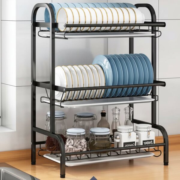 Scurgator vase pe 3 niveluri pentru organizare eficienta, din otel inox 304, 52,5x25,5x61 cm, negru