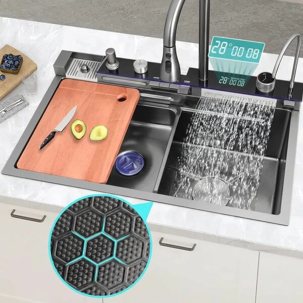 Chiuveta Bucatarie Multifunctionala Negru Grafit, cu 2 Cascade, Robinet Tip Cascada, Afisaj Digital Temperatura, Accesorii Incluse