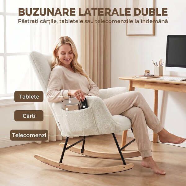 HOMCOM Scaun Balansoar Matlasat cu Buzunare Laterale, Alb Crem | Aosom Romania