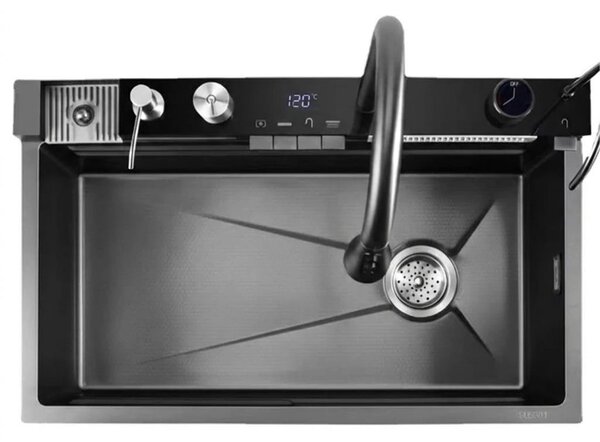 Chiuveta Bucatarie Multifunctionala Negru Grafit, cu 2 Cascade, Robinet Tip Cascada, Afisaj Digital Temperatura, Accesorii Incluse
