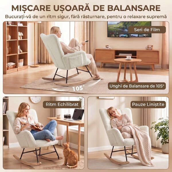 HOMCOM Scaun Balansoar Matlasat cu Buzunare Laterale, Alb Crem | Aosom Romania