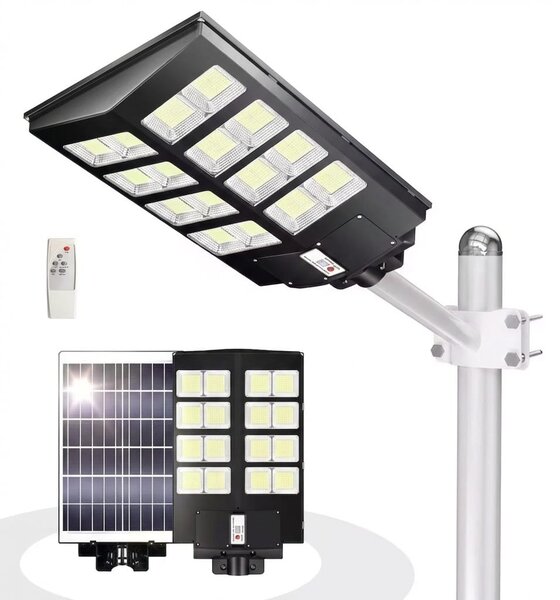 Lampa Solara 800W Dubla cu Senzor, LED Exterior, Suport Metalic si Telecomanda