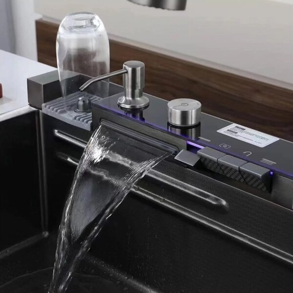 Chiuveta Bucatarie Multifunctionala Negru Grafit, cu 2 Cascade, Robinet Tip Cascada, Afisaj Digital Temperatura, Accesorii Incluse