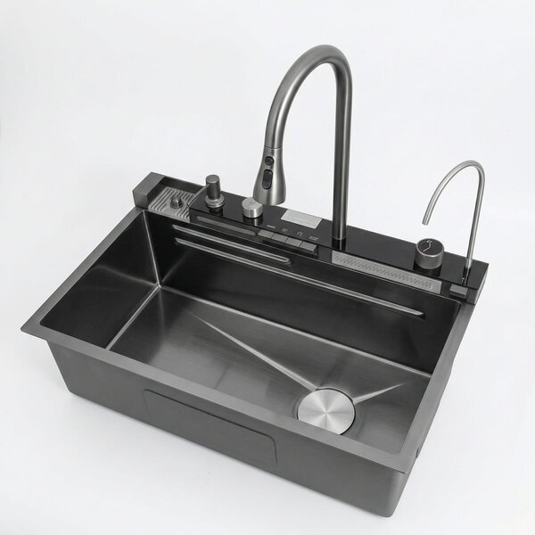 Chiuveta Bucatarie Multifunctionala Negru Grafit, cu 2 Cascade, Robinet Tip Cascada, Afisaj Digital Temperatura, Accesorii Incluse