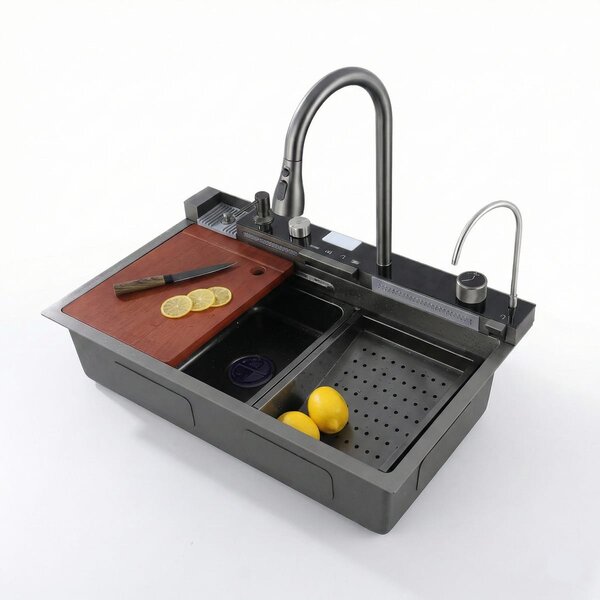 Chiuveta Bucatarie Multifunctionala Negru Grafit, cu 2 Cascade, Robinet Tip Cascada, Afisaj Digital Temperatura, Accesorii Incluse
