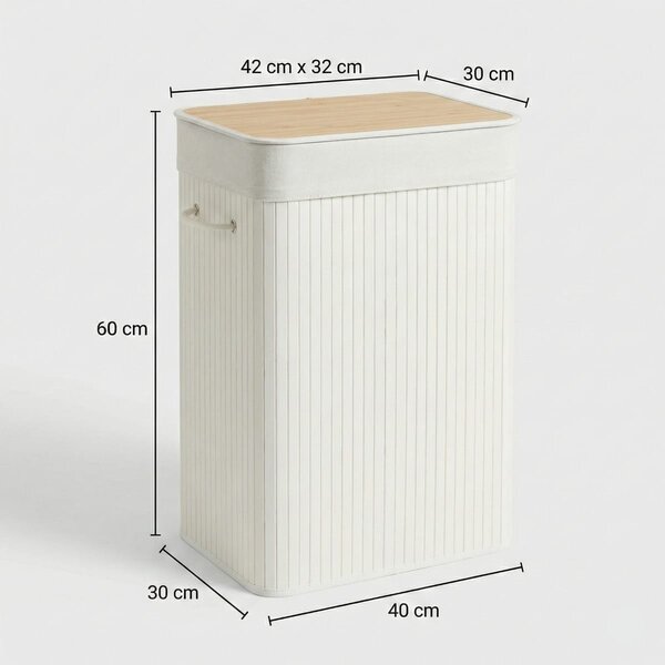 Cos de rufe din bambus, pliabil, cu captuseala detasabila, 72L, 40x30x60cm, alb
