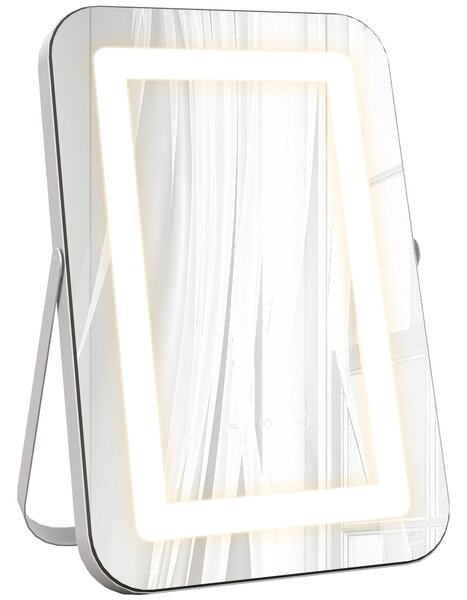 HOMCOM Oglindă de Machiaj LED cu Lumini Reglabile pe 3 Culori, USB și Oglindă de Mărire Rotativă, 31x41,5x3 cm, Alb | Aosom Romania