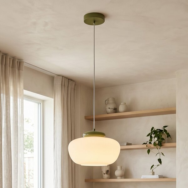 EGLO Lampă suspendată Berardelli, alb/verde, Ø 30 cm, sticlă, E27, reglabil, Alb, Camera de zi / sufragerie, Sticlă, Modern