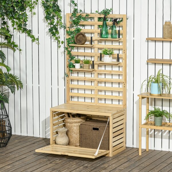 Outsunny Bancă de Depozitare pentru Grădină din Lemn de Brad cu Spalier Integrat și 4 Rafturi, Bancă de Depozitare Exterior Impermeabilă cu Închidere Magnetică, 80x45x160 cm, Culoare Lemn | Aosom Romania