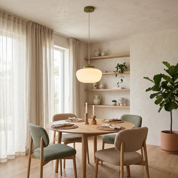 EGLO Lampă suspendată Berardelli, alb/verde, Ø 30 cm, sticlă, E27, reglabil, Alb, Camera de zi / sufragerie, Sticlă, Modern