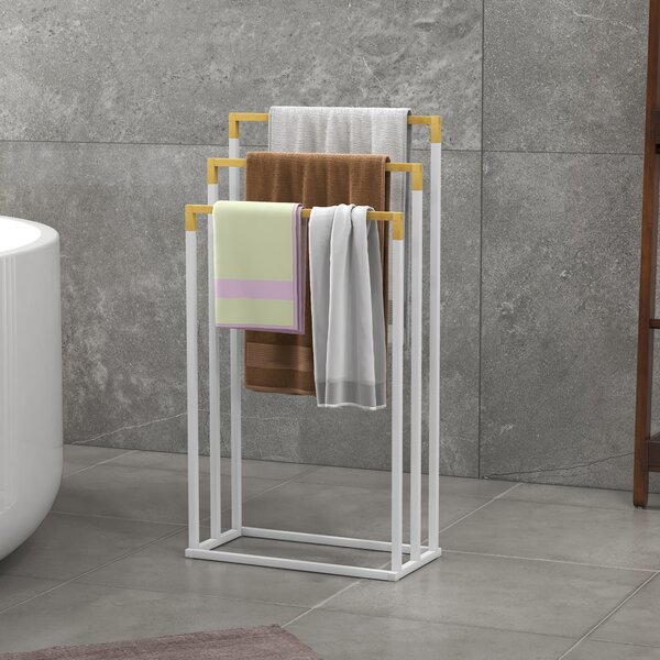 Kleankin Suport pentru Prosoape din Bambus și Oțel cu Design Independent, 45x22.5x86 cm, Alb | Aosom Romania