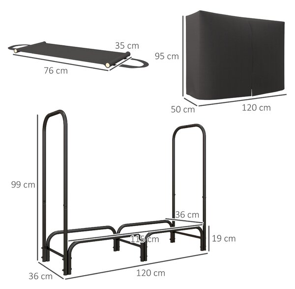 Outsunny Suport pentru Lemne din Metal cu Rastel Reglabil, Geantă de Pânză și Husă Impermeabilă, 120x36x99 cm, Negru | Aosom Romania