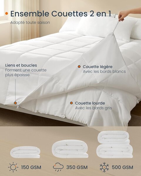 Set pilota 4 anotimpuri pentru pat dublu, detasabila in 2 buc de grosimi diferite Songmics Alb 200x200x6 cm (Polyester 100%)