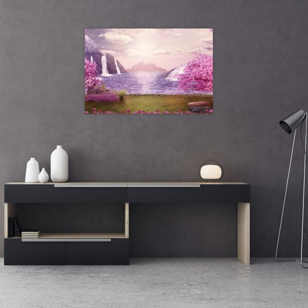 Tablou cu pomi roz cu lac (90x60 cm)