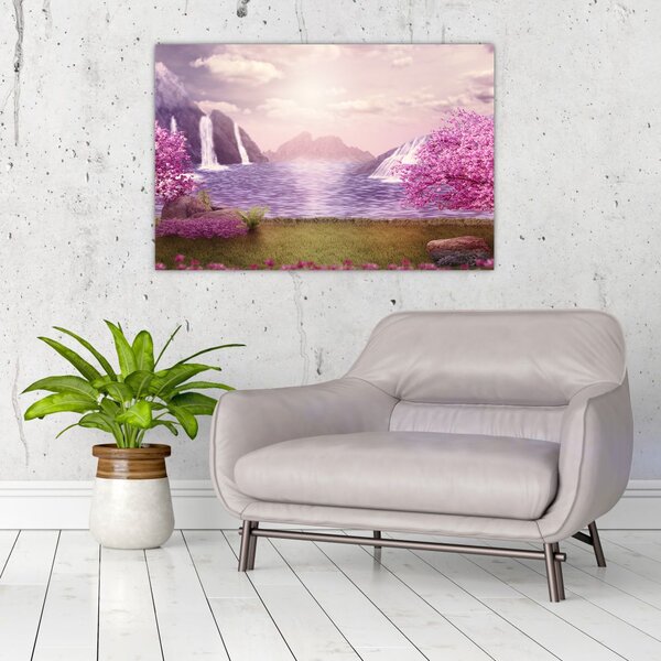 Tablou cu pomi roz cu lac (90x60 cm)