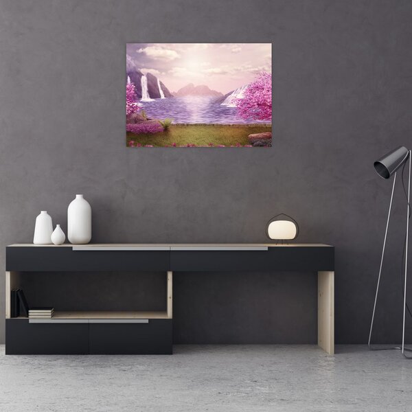Tablou cu pomi roz cu lac (70x50 cm)