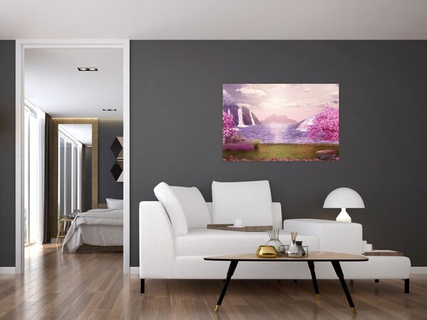 Tablou cu pomi roz cu lac (90x60 cm)