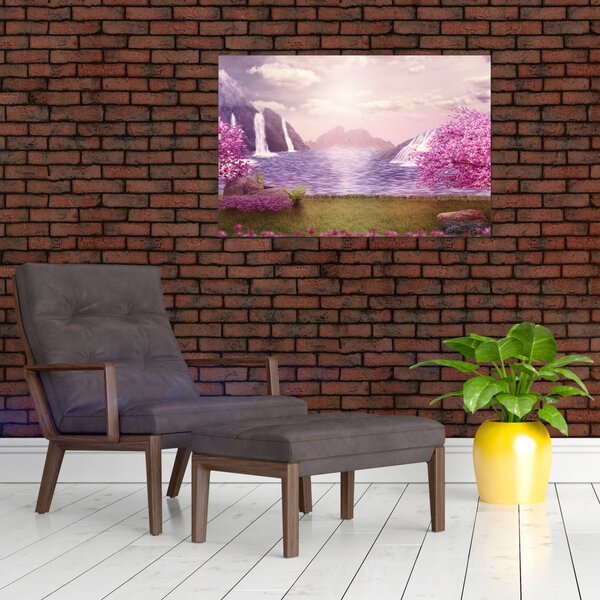 Tablou cu pomi roz cu lac (90x60 cm)