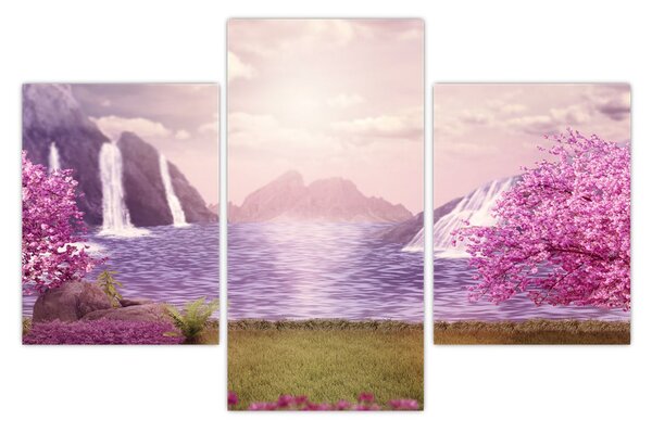 Tablou cu pomi roz cu lac (90x60 cm)
