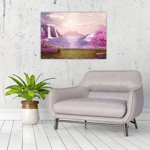 Tablou cu pomi roz cu lac (70x50 cm)