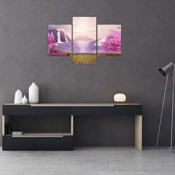 Tablou cu pomi roz cu lac (90x60 cm)