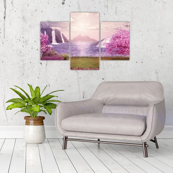 Tablou cu pomi roz cu lac (90x60 cm)