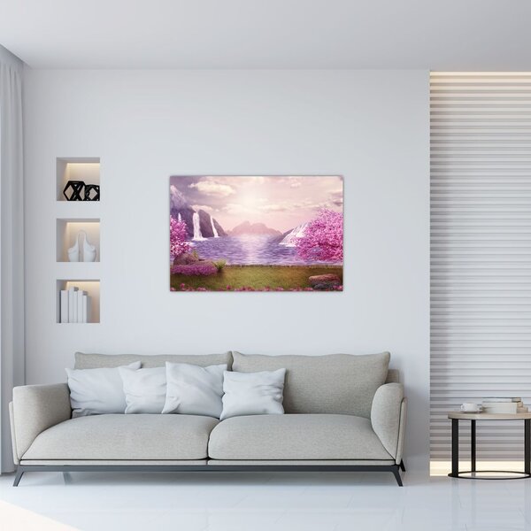 Tablou cu pomi roz cu lac (90x60 cm)